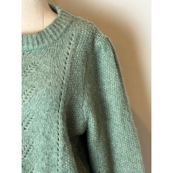 FRNCH Sweater Women Large Green Fuzzy Knit Puff Ballon Sleeve Crew Neck Pullover - Picture 8 of 11